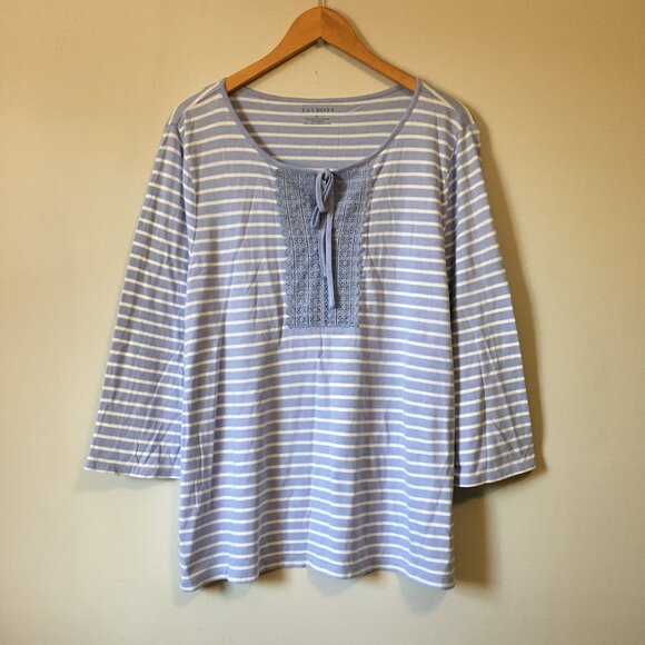 Talbots Cotton Modal Stripes & Lace Tie Up Top - Picture 1 of 14